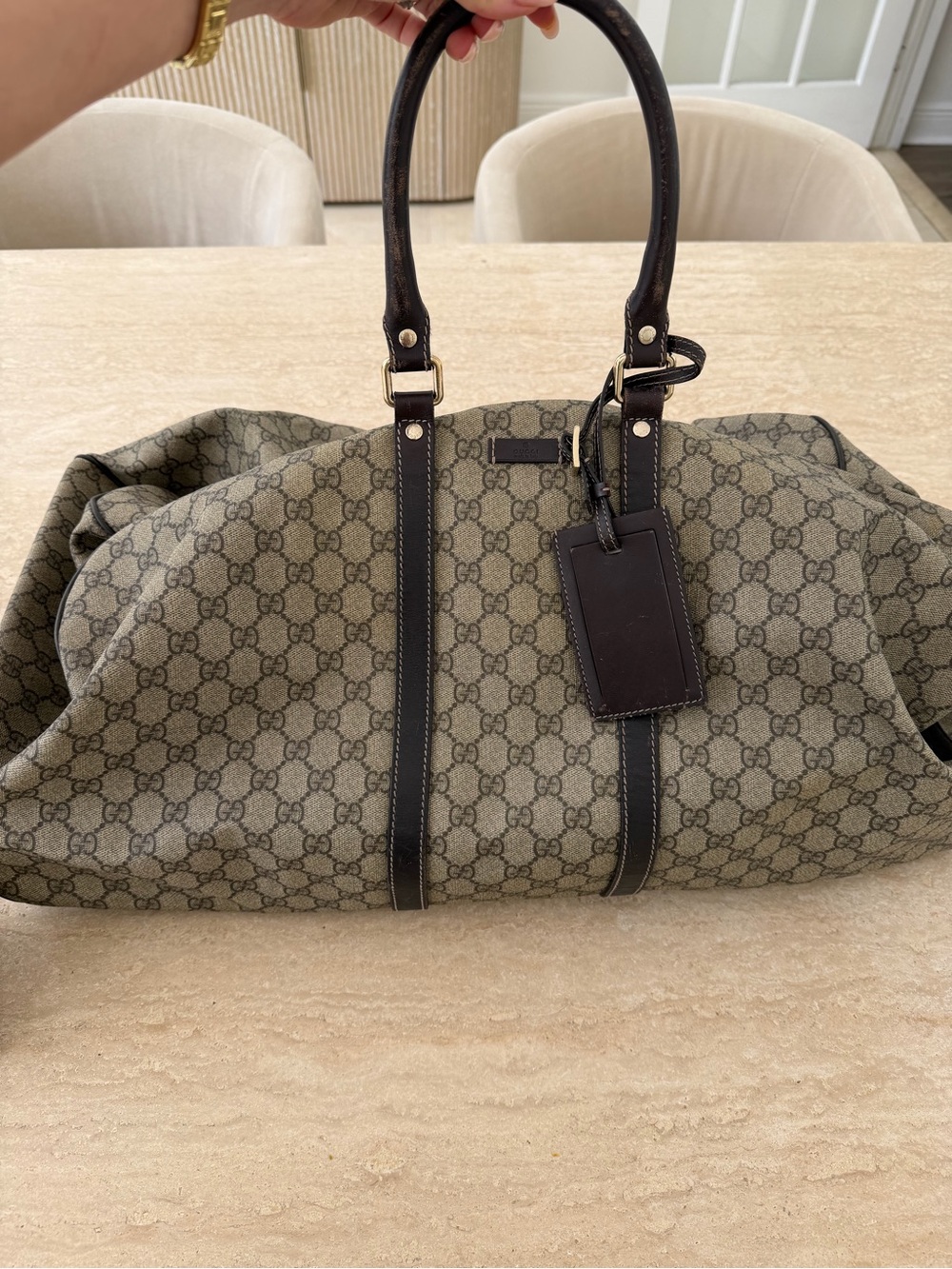Gucci supreme Monogram Canvas Travel Duffel with Dark Brown Leather Trim
